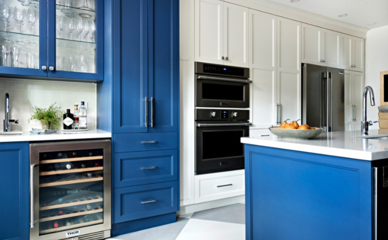 kitchen mini bar in blue kitchen designed by Rebecca Hay